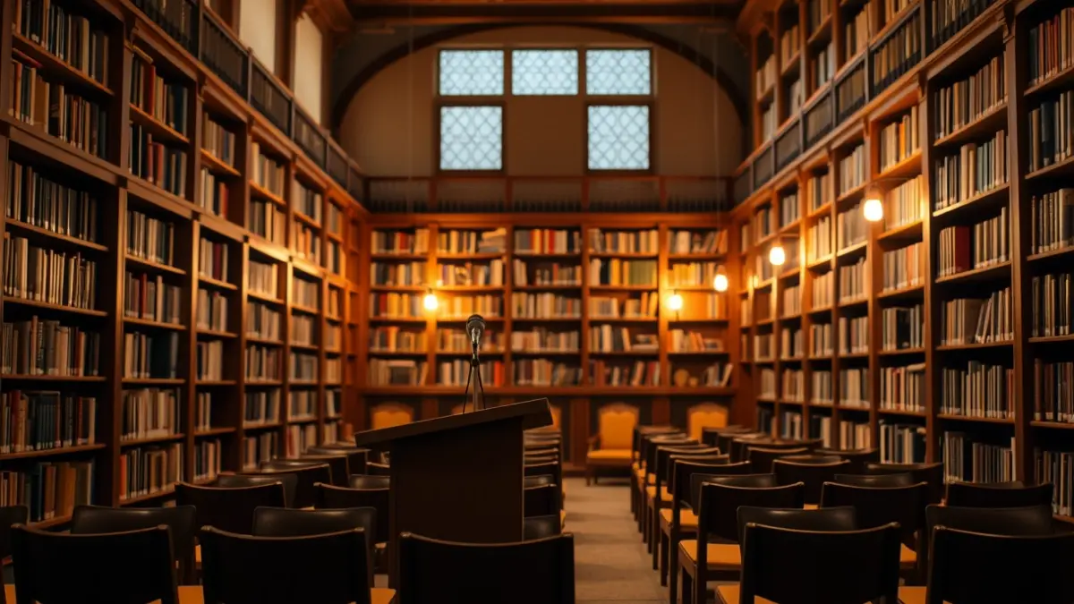 Generic image of a reading or literary presentation space, with bookshelves and a cozy atmosphere.