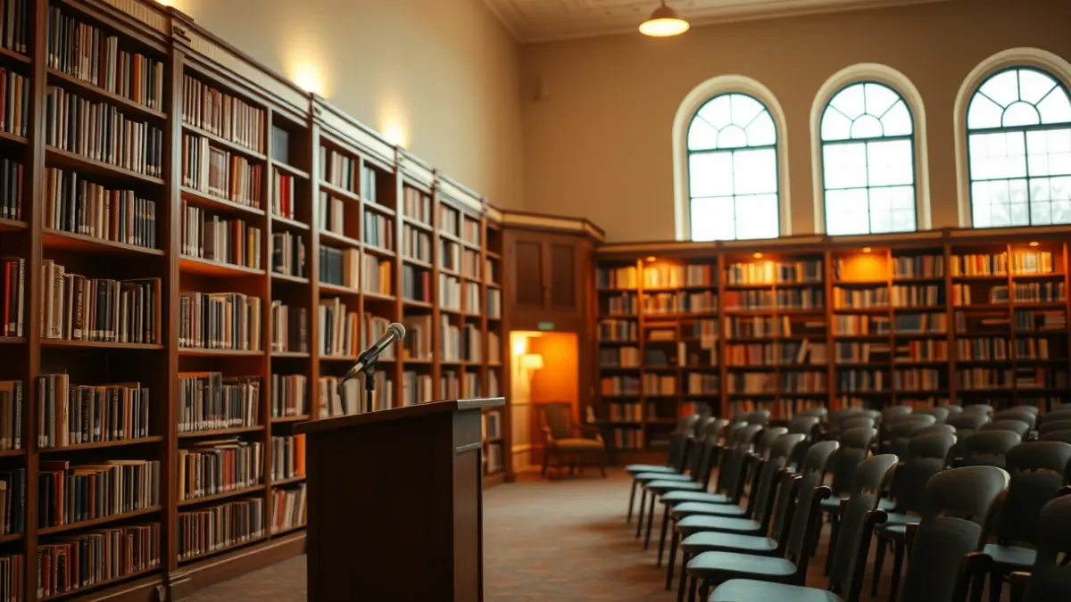 Imagen genérica de una biblioteca con un podio y sillas, iluminada cálidamente.