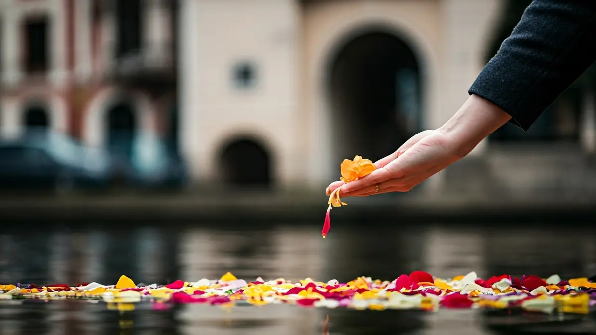 Image of flower petals floating on water during a symbolic ceremony.