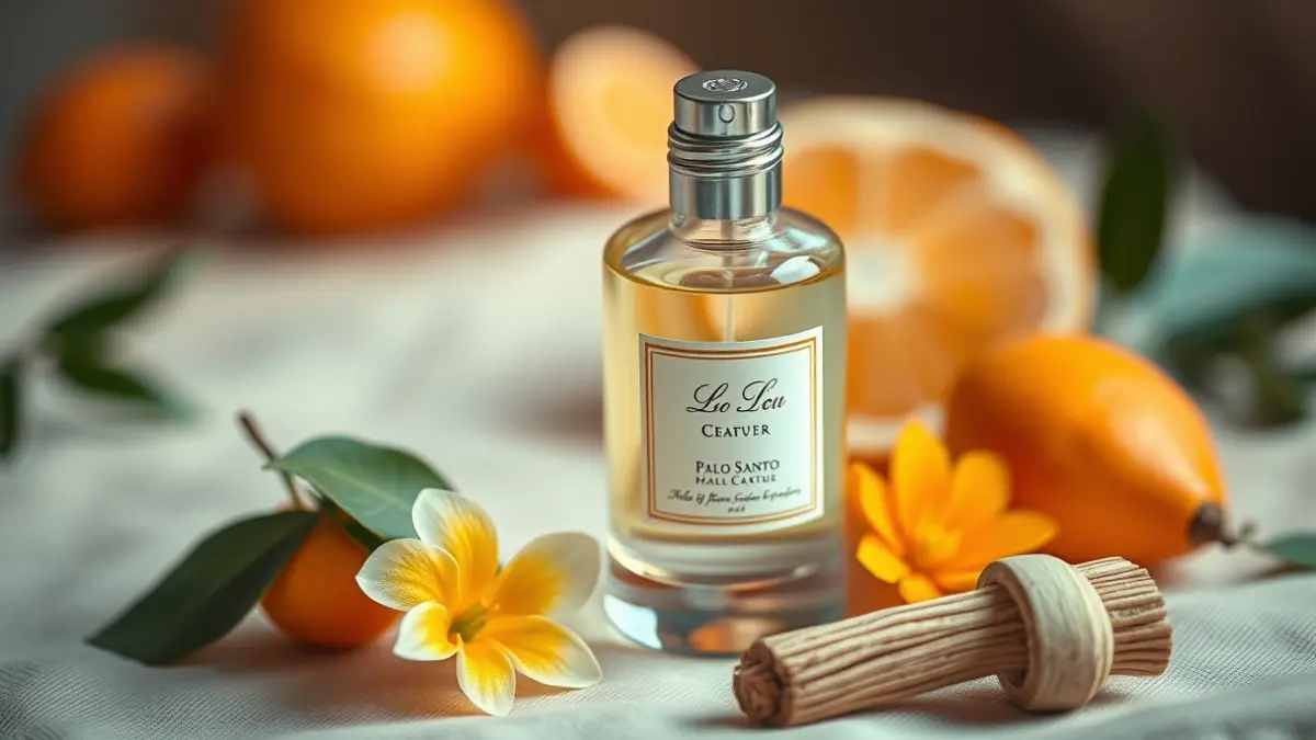 Perfume bottle with citrus and floral elements, representing the essence of a pilgrimage.