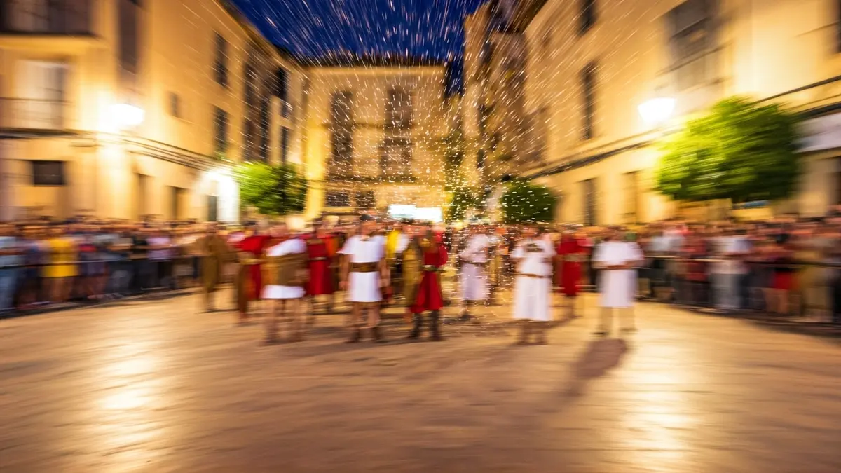 Image of a historical reenactment with people dressed in Iberian, Roman, and Carthaginian attire in a festive square.