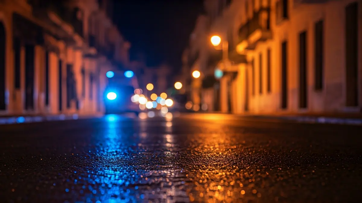 Generic image of emergency lights reflecting on wet asphalt at night.