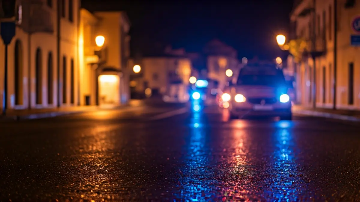 Generic image of emergency lights reflecting on wet asphalt