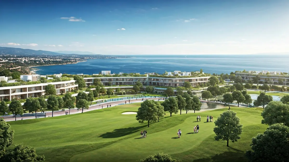 Image of a modern urban development with green areas and a golf course on the Huelva coast.