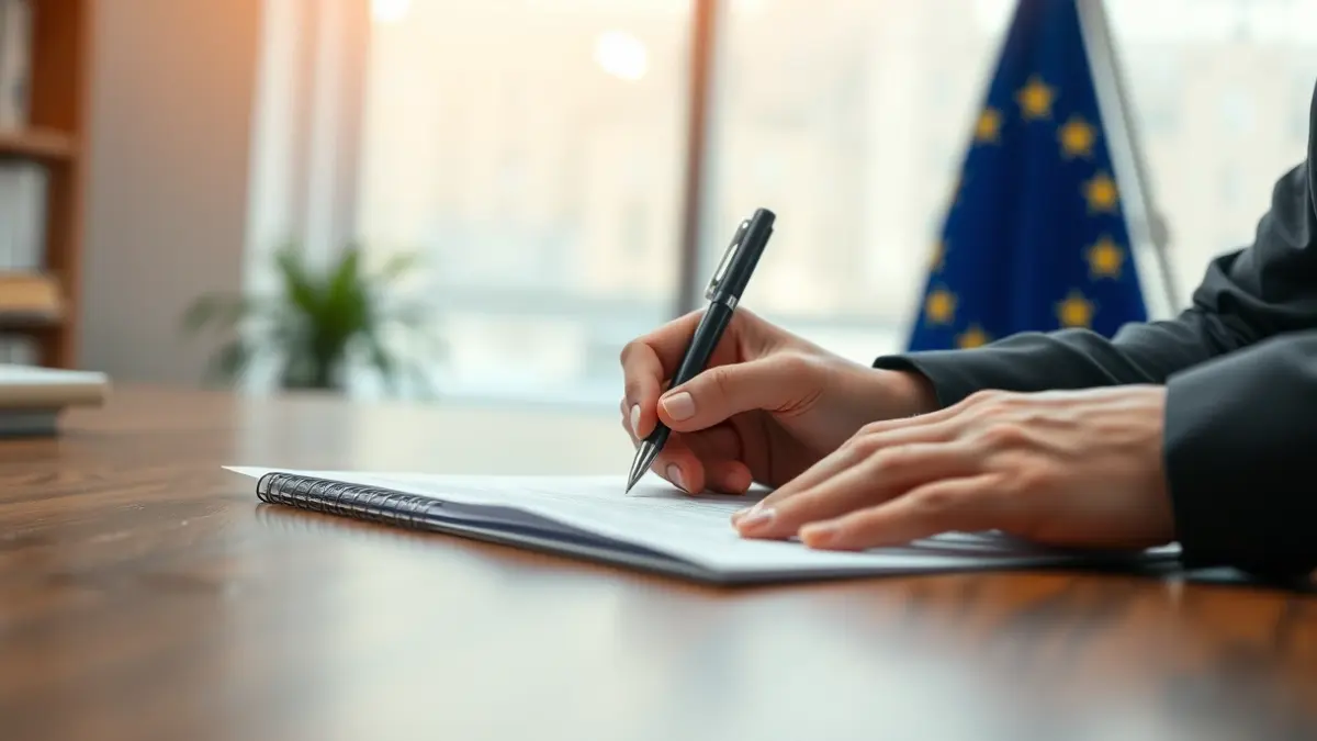 Imagen genérica de manos firmando un documento, con la bandera de la Unión Europea desenfocada al fondo.