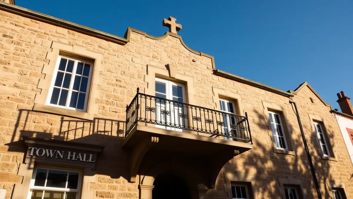 Fachada de un ayuntamiento andaluz con balcón y barandillas de hierro, bajo la luz del sol de la tarde.