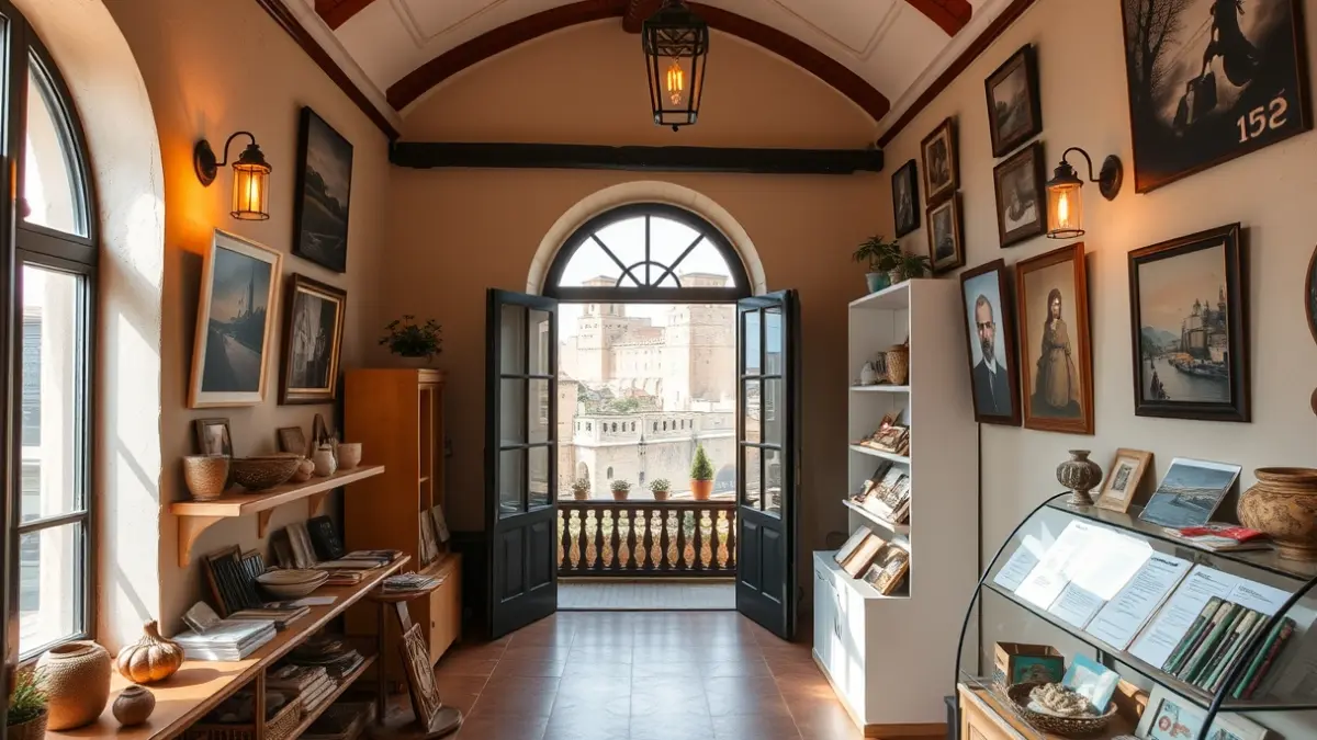 Interior de la nueva oficina de turismo de Lopera, con productos locales y obras de arte.