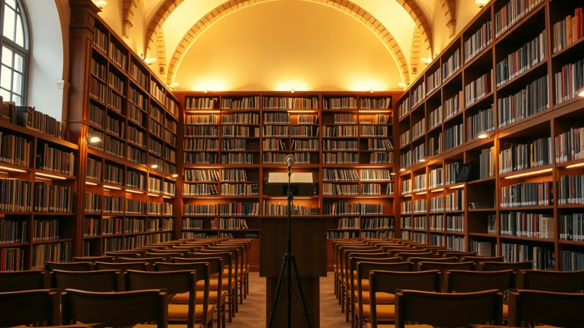 Imagen genérica de una biblioteca con estanterías de madera y un podio con micrófono, iluminada cálidamente.