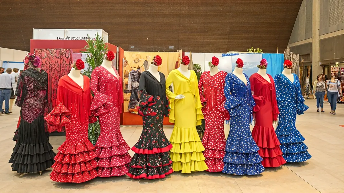 Imagen de un evento de moda flamenca con stands, gastronomía y ambiente festivo.