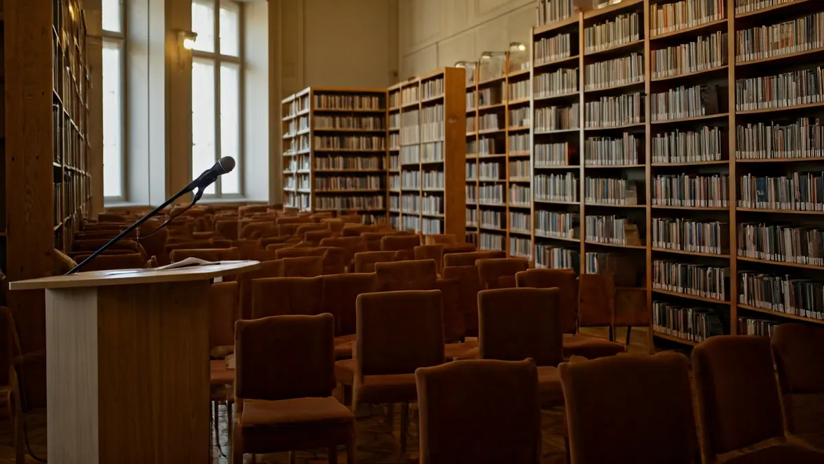 Imagen genérica de un interior de biblioteca con estanterías de madera y un podio con micrófono, evocando un ambiente de lectura y presentación de libros.