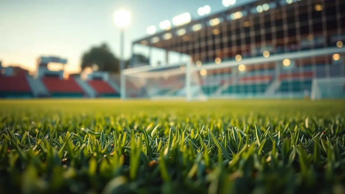 Generic image of a football field with green grass and goal net, illuminated by floodlights.