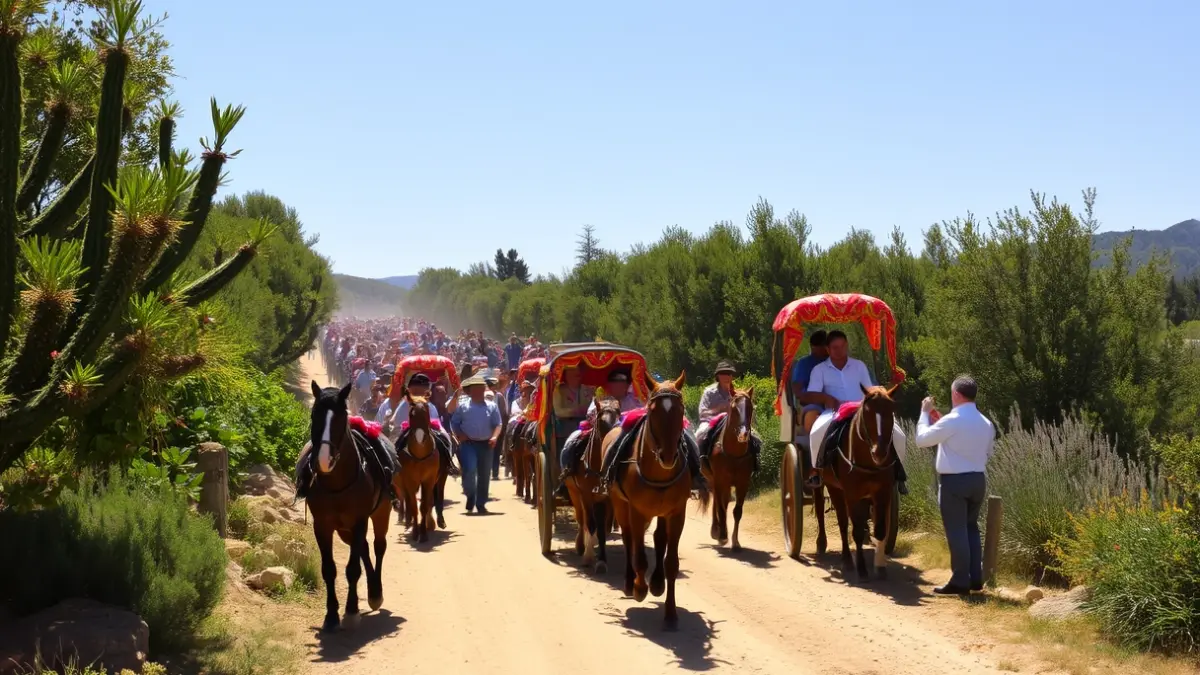 Imagen de la Romería de San Isidro en Los Barrios, con carretas y romeros.