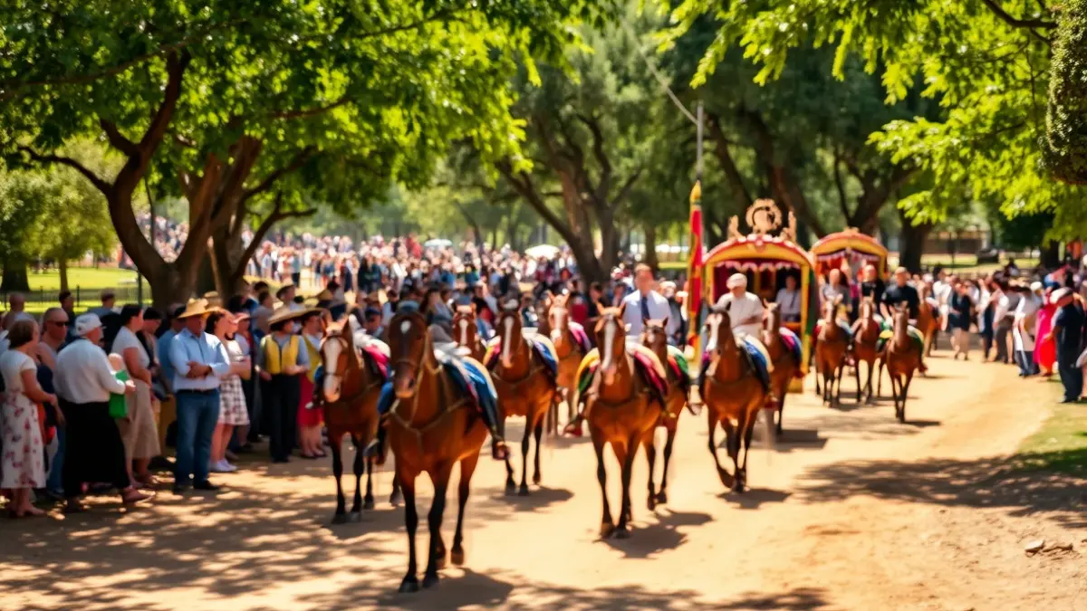 Imagen de una romería tradicional con carretas y caballistas en un entorno natural.
