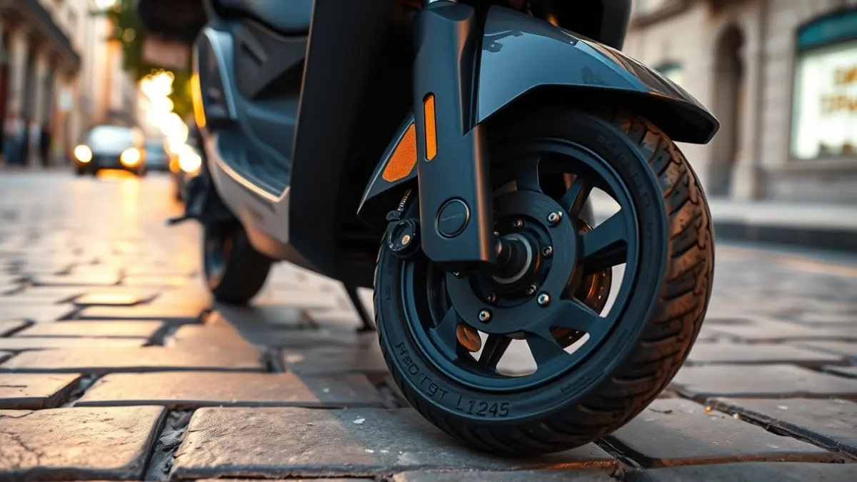Generic image of an electric scooter parked on a stone sidewalk at dusk.
