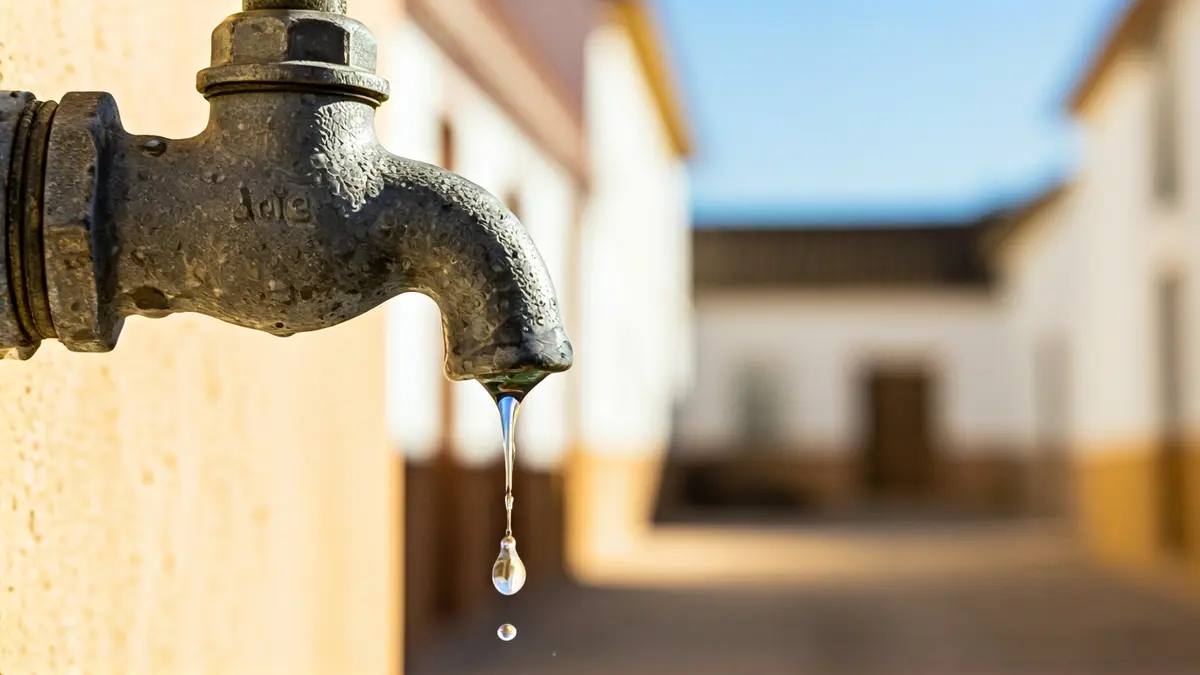 Grifo goteando en un vaso, simbolizando la escasez de agua potable en una aldea andaluza.