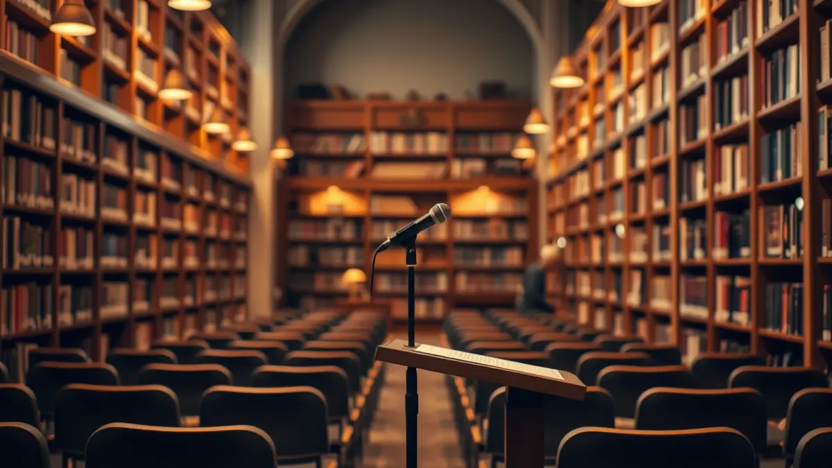 Generic image of a microphone on a podium in a reading or presentation room.