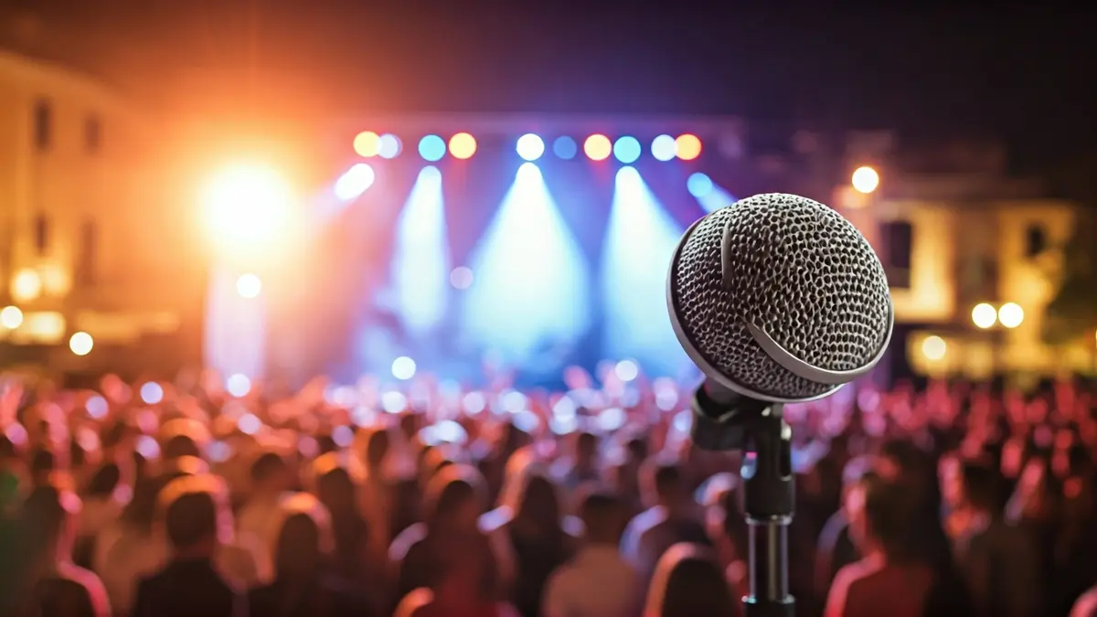 Imagen de un escenario de concierto con luces brillantes y una multitud animada.