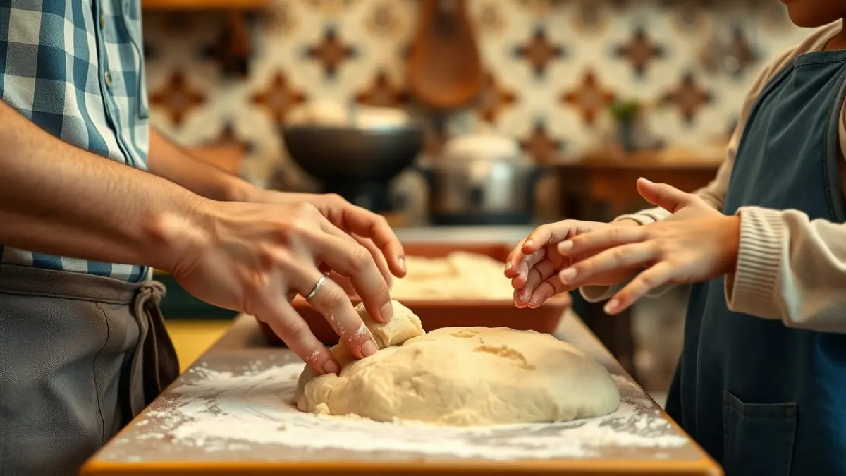 Manos de adultos y niños preparando roscos fritos en un taller intergeneracional.