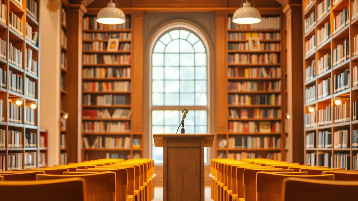 Imagen genérica de un interior de biblioteca con estanterías de madera y un podio con micrófono.