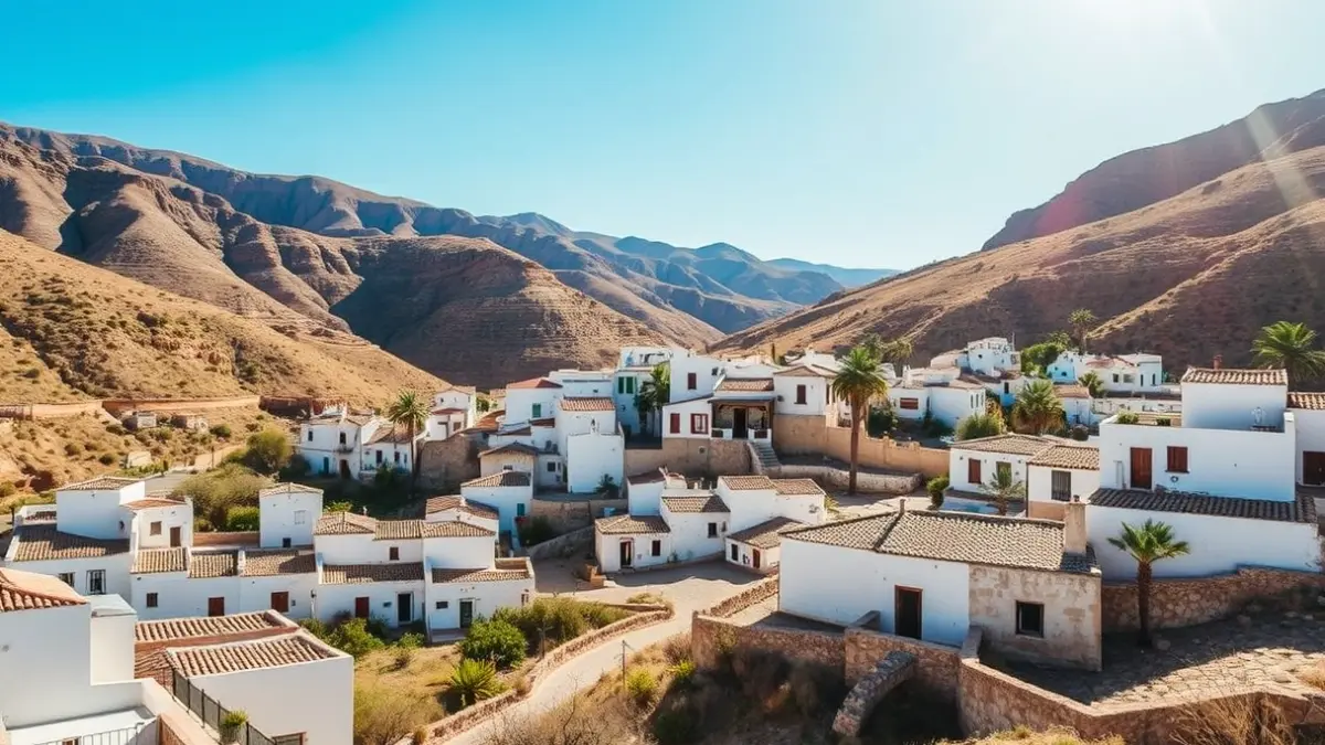Imagen de un pueblo rural en la provincia de Almería, con casas blancas y montañas áridas.
