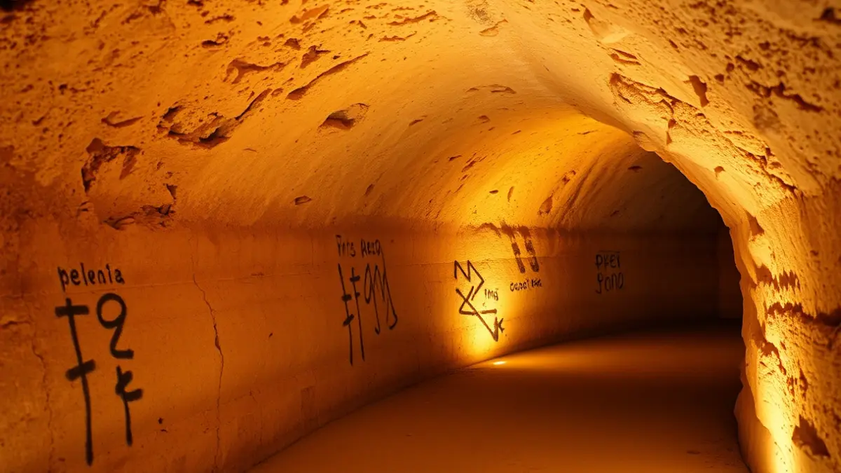 Image of the underground shelters in Almería with historical graffiti on the walls.