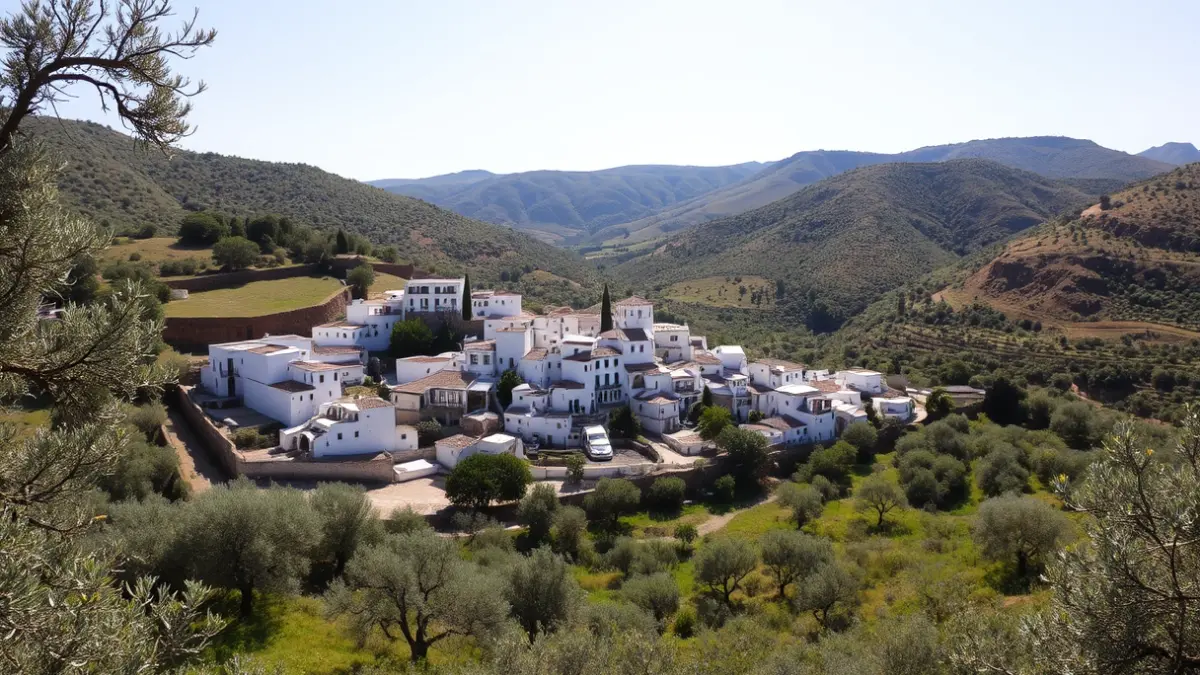 Imagen de una aldea andaluza con casas blancas y vegetación exuberante.