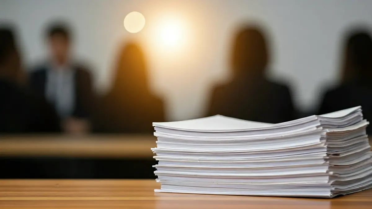 Imagen genérica de documentos legales apilados en un escritorio, simbolizando la administración de justicia.