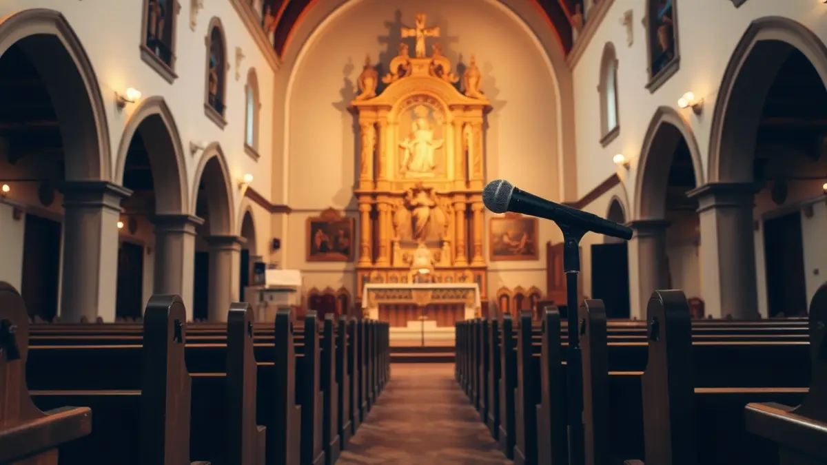 Interior of a historic church in Lucena, set up for a concert.