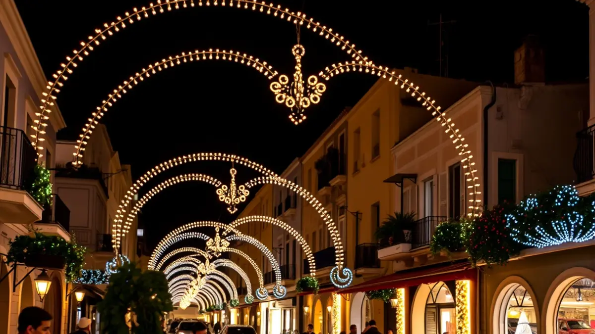 Image of Lucena's streets illuminated with arches and LED lights during the Aracelitan Festivities.