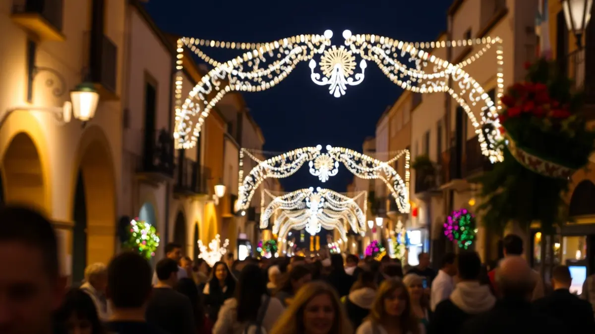 Imagen de las calles de Lucena iluminadas durante las Fiestas Aracelitanas.
