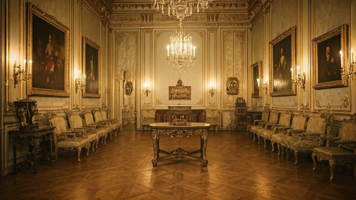 Imagen de un palacio aristocrático español, como el Palacio de Liria o Las Dueñas, con mobiliario y arte elegantes.