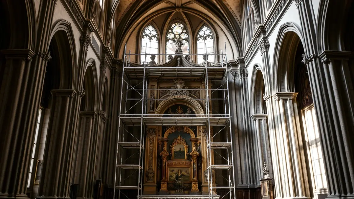 Imagen de un retablo siendo restaurado dentro de una capilla histórica.