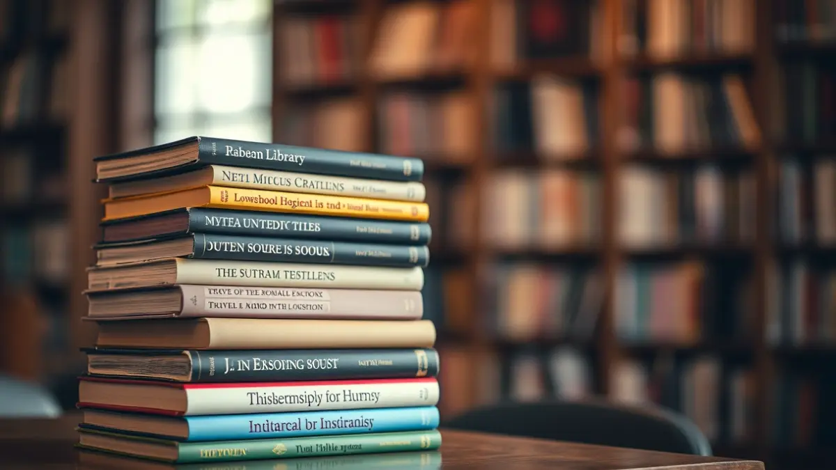 Generic image of books in a library, with warm light.