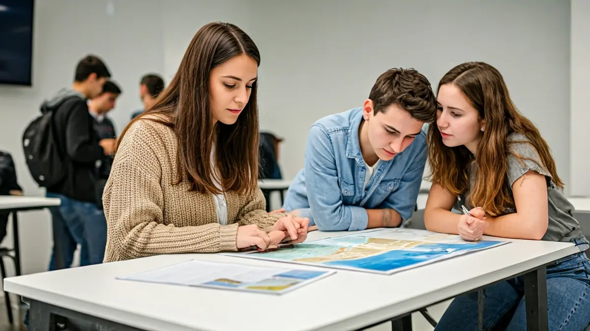 Imagen genérica de estudiantes en un aula moderna, participando en una actividad de formación turística.