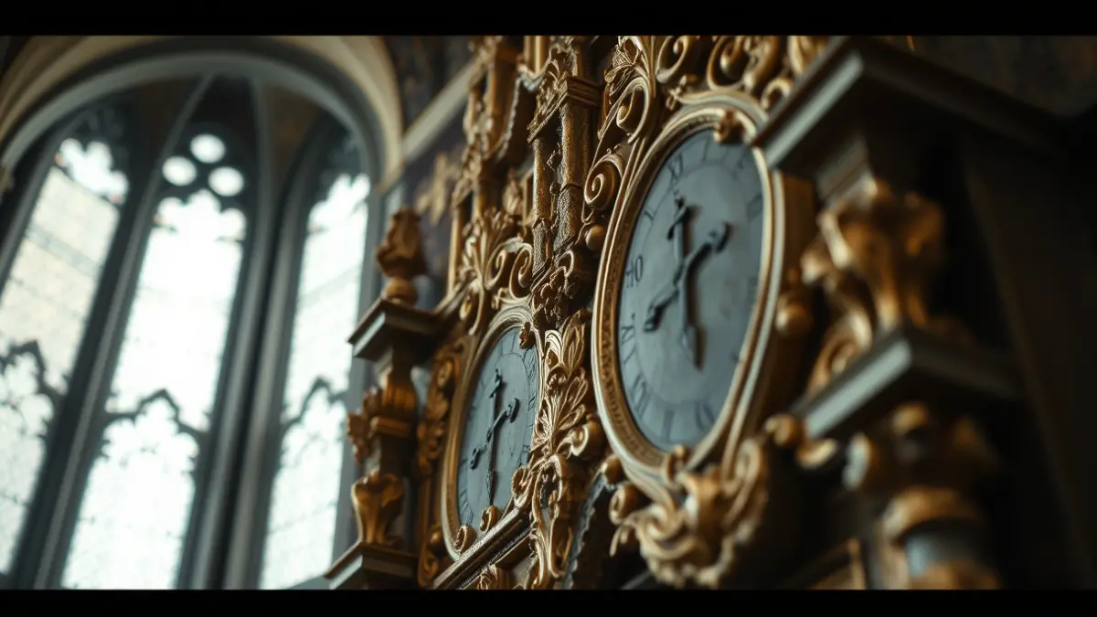 Image of a golden altarpiece inside a cathedral, showing details and the impact of time.