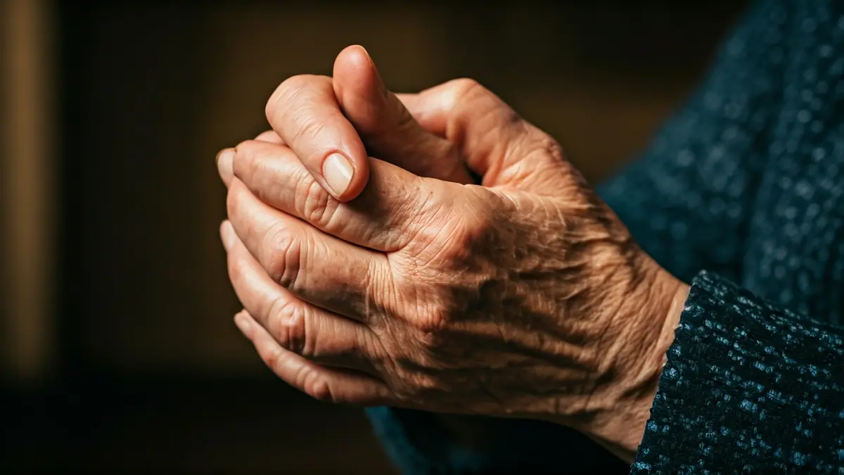 Manos de una mujer mayor entrelazadas, símbolo de desesperación y determinación.