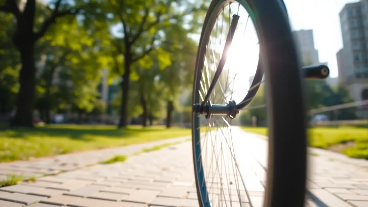 Generic image of a bicycle wheel in motion in an urban setting.