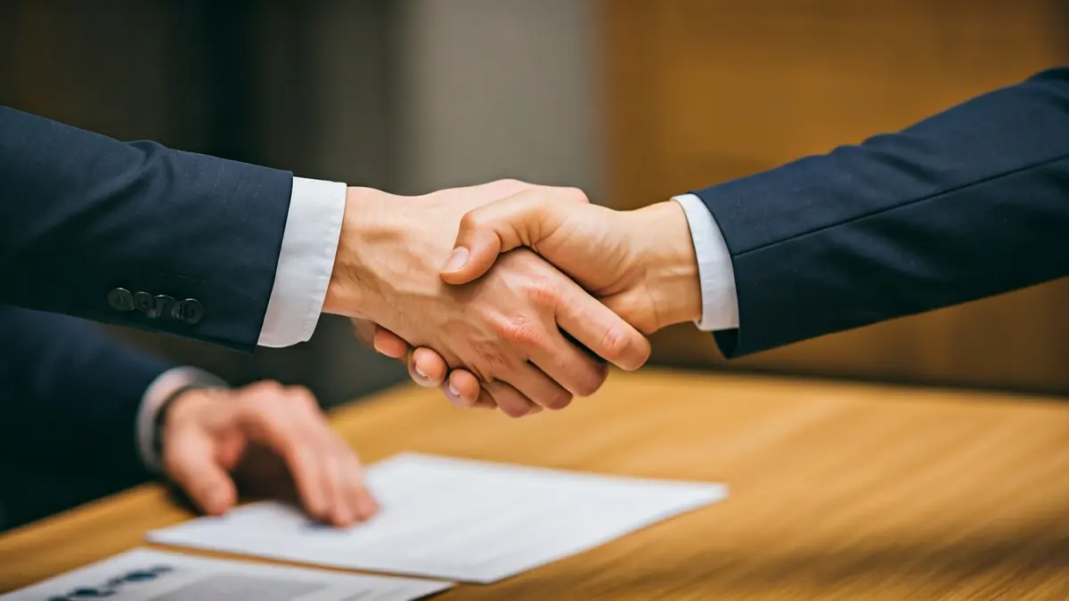 Generic image of two people shaking hands in an office setting, symbolizing business agreements.