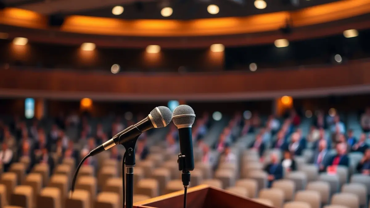 Generic image of a microphone on a podium, symbolizing a political event or public statement.