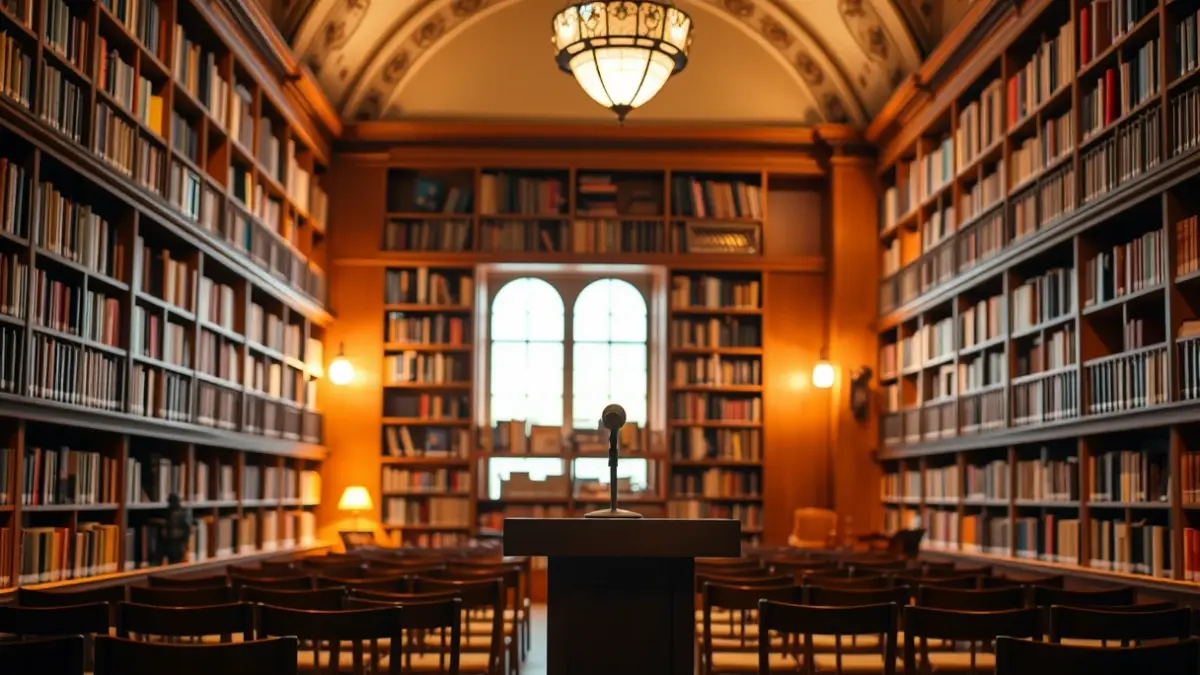 Imagen genérica de una sala de exposiciones o biblioteca con ambiente histórico.