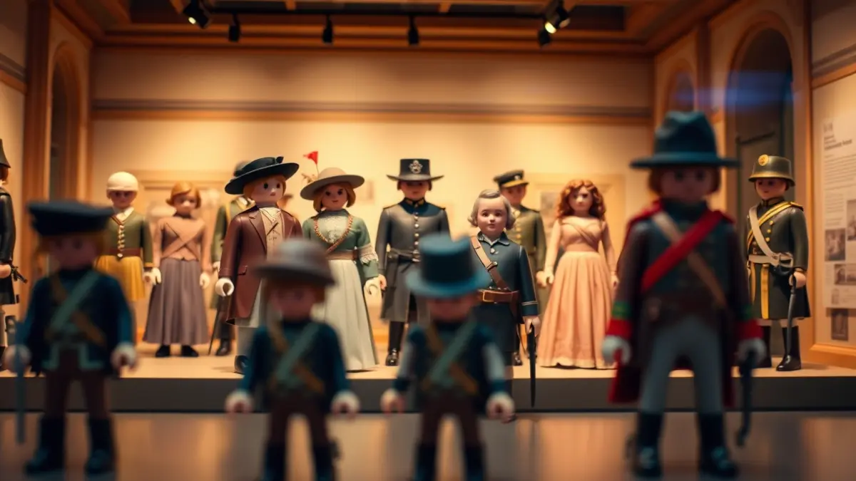 Exposición histórica con uniformes de época y figuras de Playmobil en un parador andaluz.