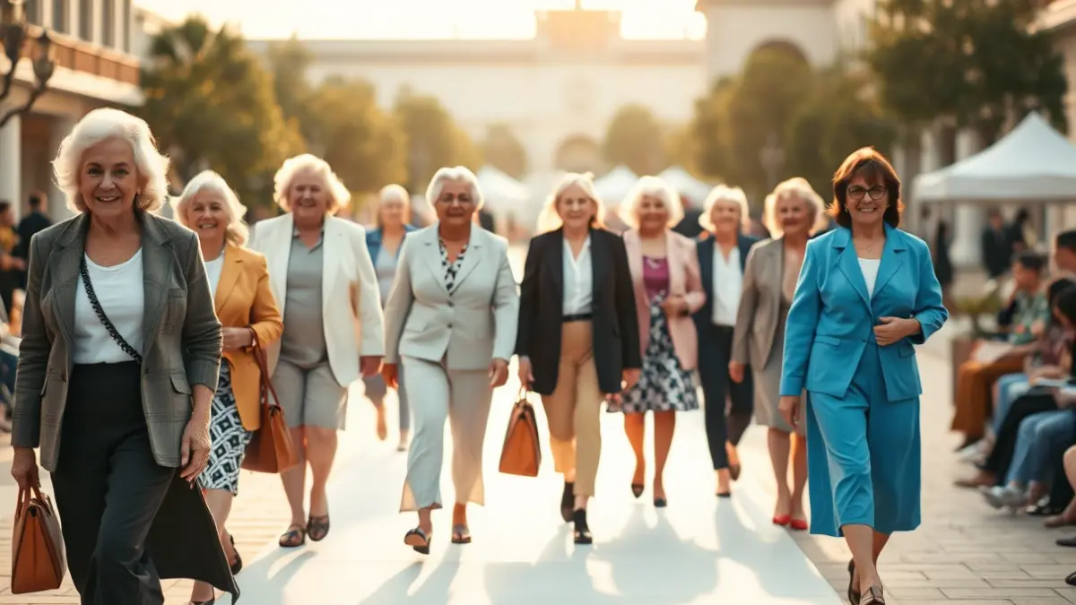 Imagen de personas mayores desfilando en una pasarela de moda al aire libre.
