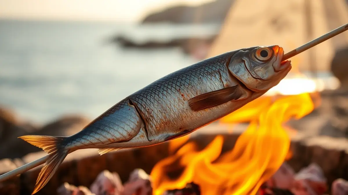 Imagen de un espeto de sardinas, plato icónico de la gastronomía malagueña.