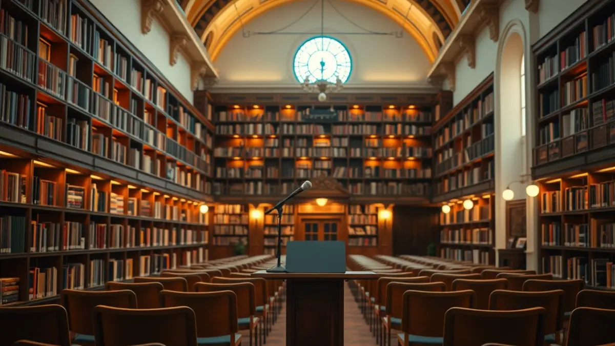 Generic image of a cultural space or library with a podium and chairs, warmly lit.