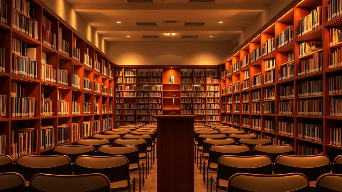 Imagen genérica de una biblioteca con estanterías de madera y un podio con micrófono.