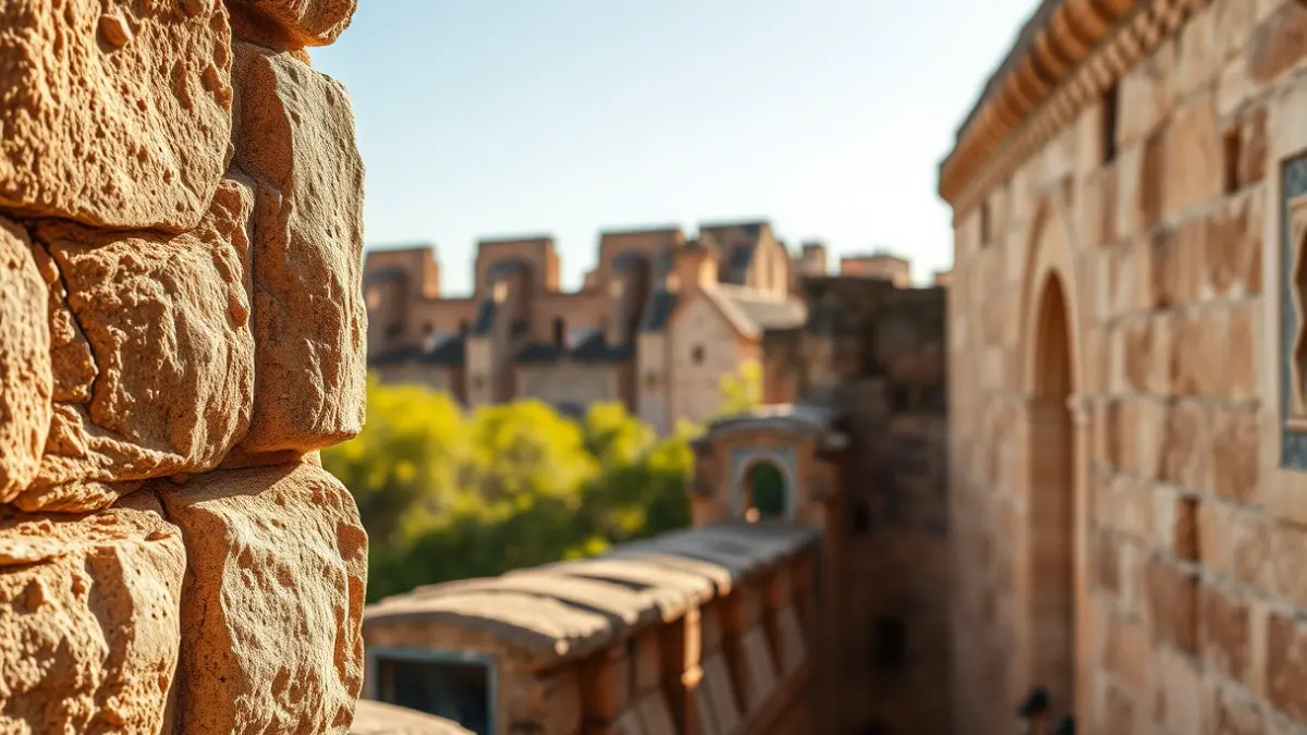 Detail of the Alcazaba of Málaga architecture under the sun.
