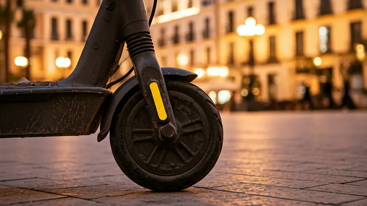 Generic image of an electric scooter parked on a sidewalk in Málaga at sunset.