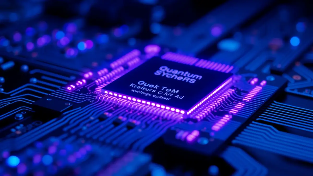 Image of a quantum computer chip with intricate circuits and glowing lights.