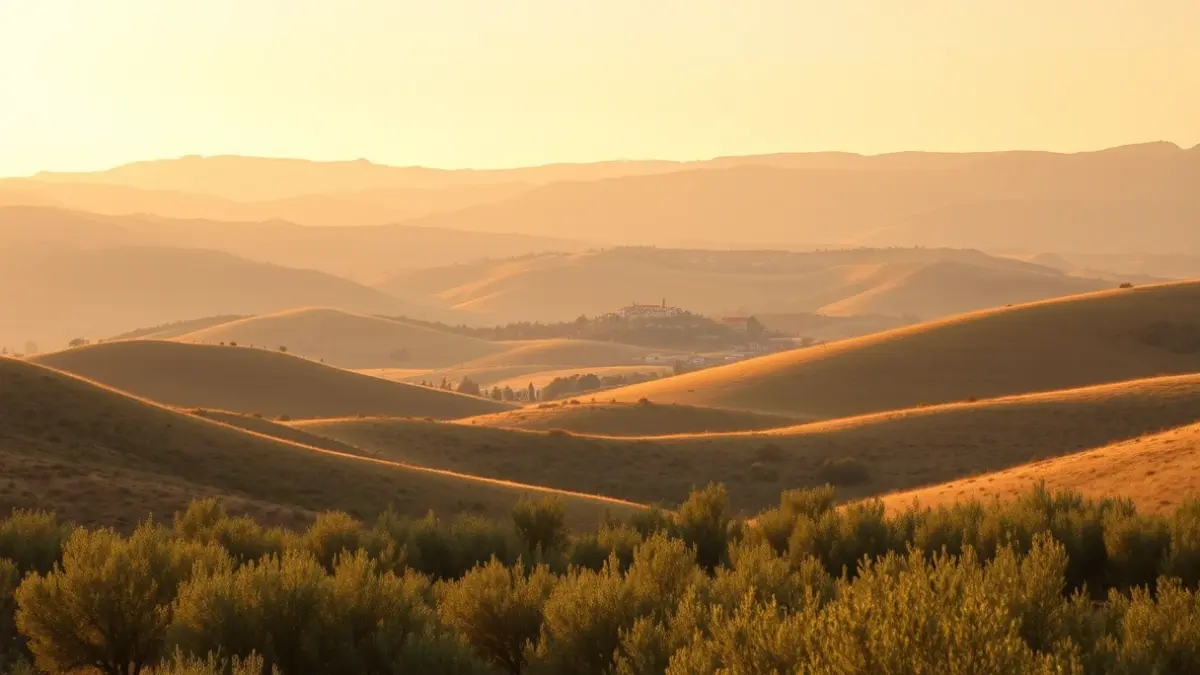 Imagen genérica de un paisaje rural andaluz al atardecer, con olivos y un pequeño pueblo.