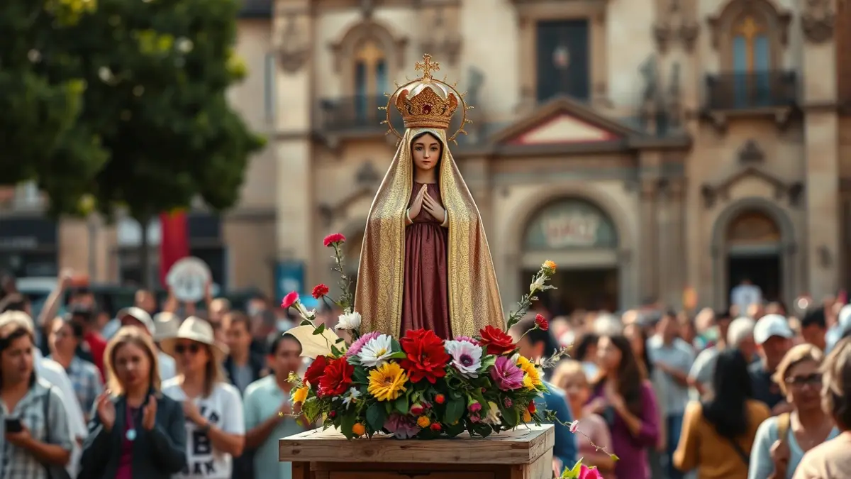 Imagen de una procesión mariana en Málaga, con una imagen religiosa adornada y el fondo de la catedral.